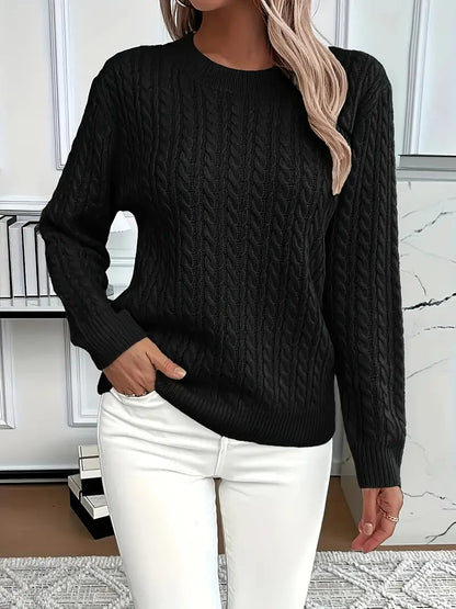 Catharine | Cable-Knit Sweater White Wool Crew Neck Long Sleeve for Women