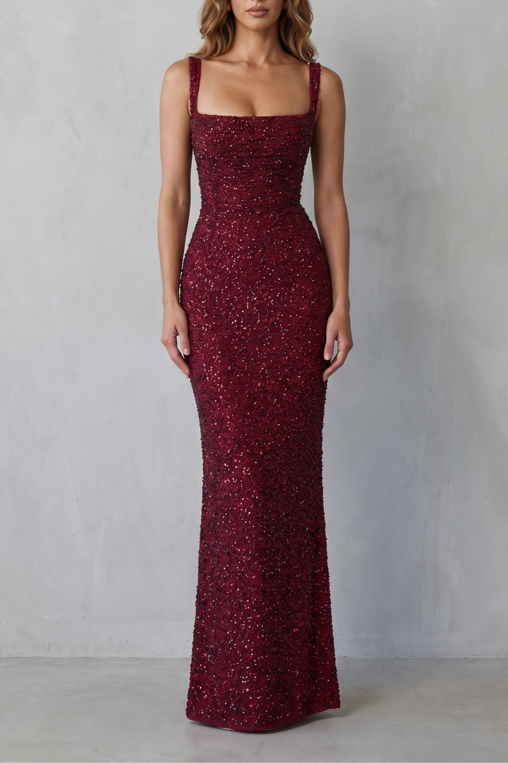 Rosalind | Maxi Evening Dress Deep Burgundy Sequin Square Neck for Women