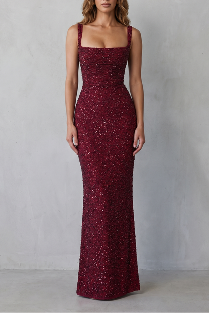 Rosalind | Maxi Evening Dress Deep Burgundy Sequin Square Neck for Women
