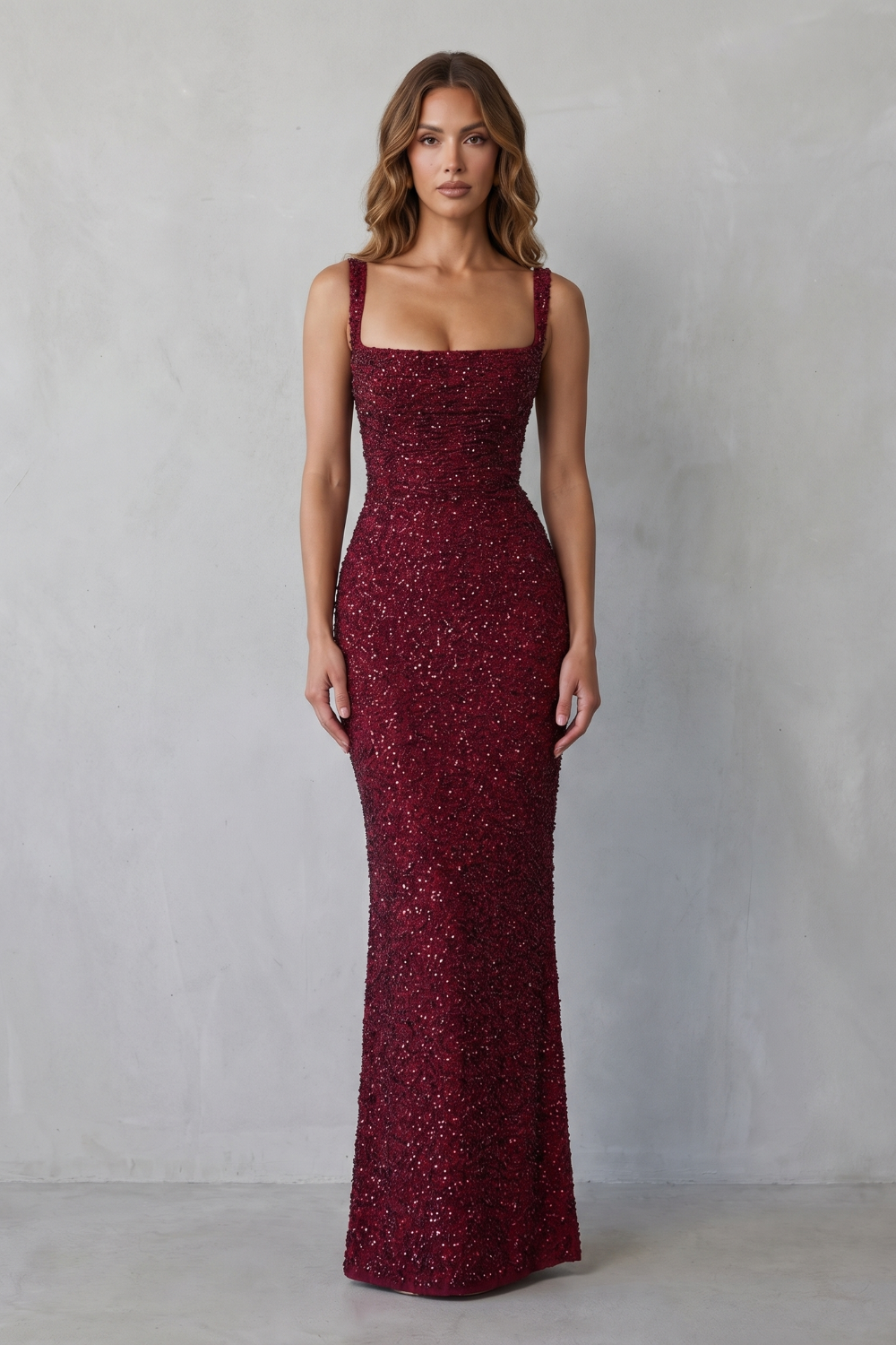 Rosalind | Maxi Evening Dress Deep Burgundy Sequin Square Neck for Women