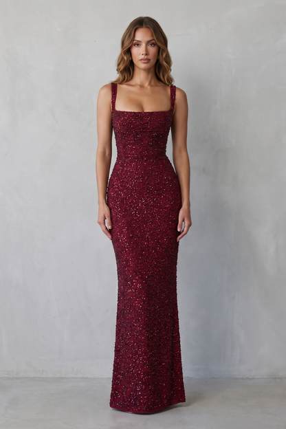 Rosalind | Maxi Evening Dress Deep Burgundy Sequin Square Neck for Women