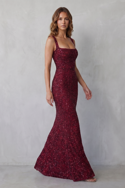 Rosalind | Maxi Evening Dress Deep Burgundy Sequin Square Neck for Women