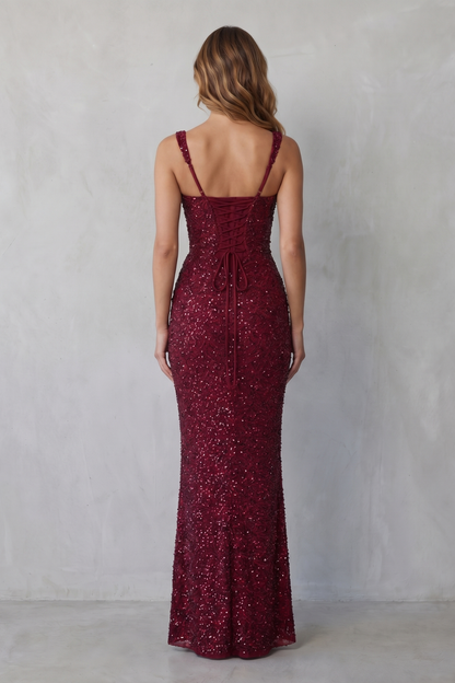 Rosalind | Maxi Evening Dress Deep Burgundy Sequin Square Neck for Women