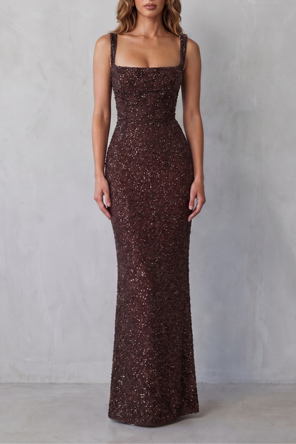 Rosalind | Maxi Evening Dress Deep Burgundy Sequin Square Neck for Women