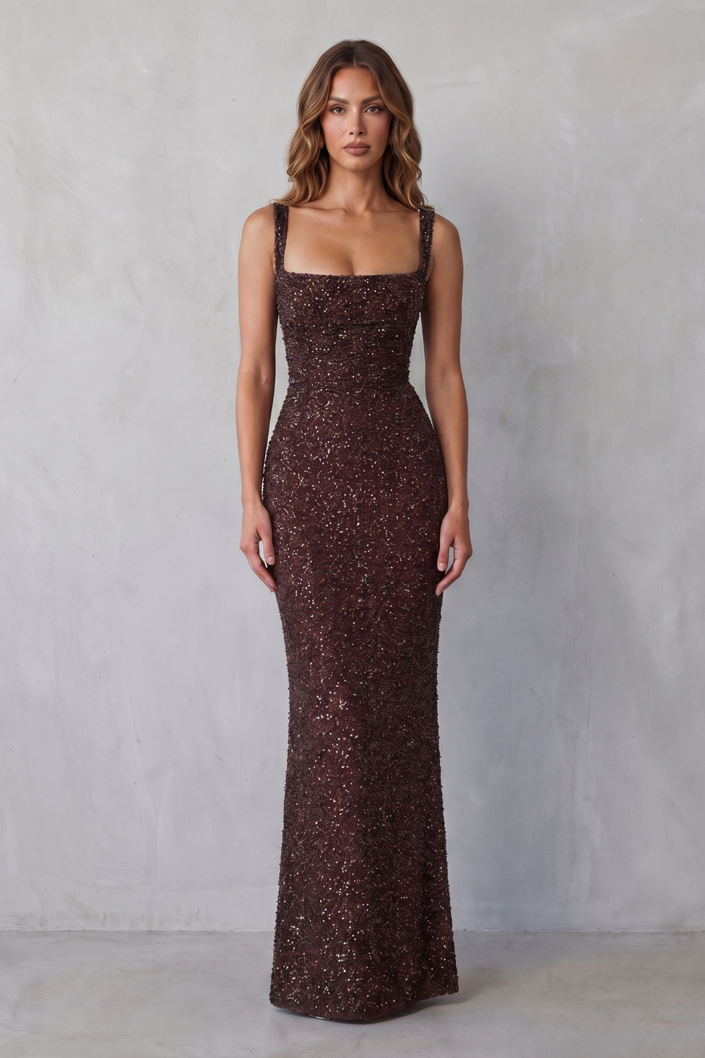 Rosalind | Maxi Evening Dress Deep Burgundy Sequin Square Neck for Women