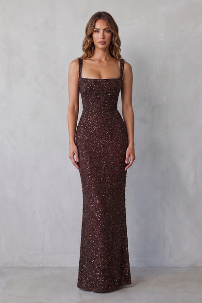 Rosalind | Maxi Evening Dress Deep Burgundy Sequin Square Neck for Women