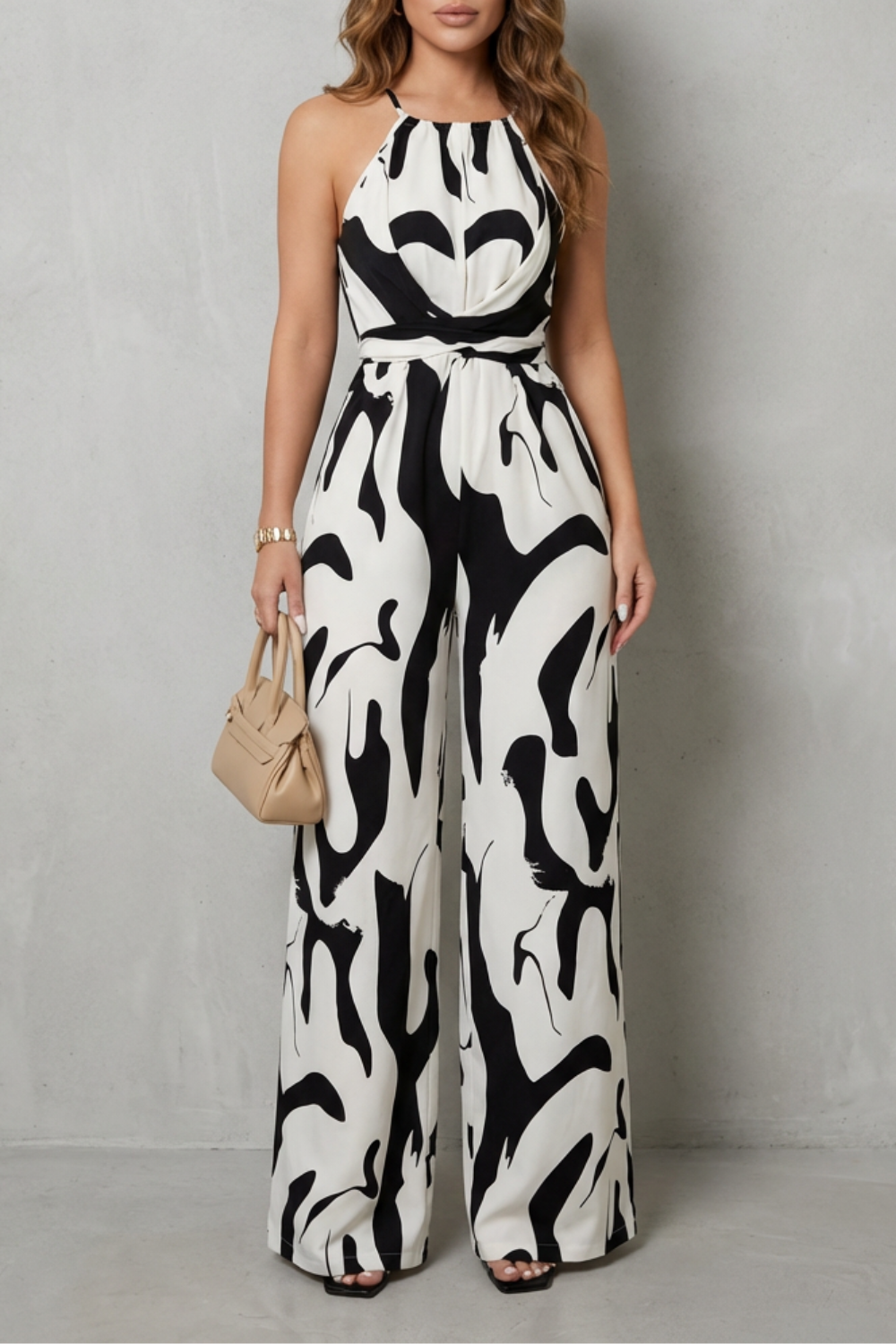 Phoebe | Wide-Leg Jumpsuit White Black Abstract Print Halter for Women