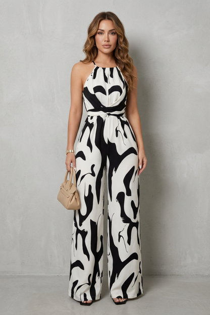 Phoebe | Wide-Leg Jumpsuit White Black Abstract Print Halter for Women