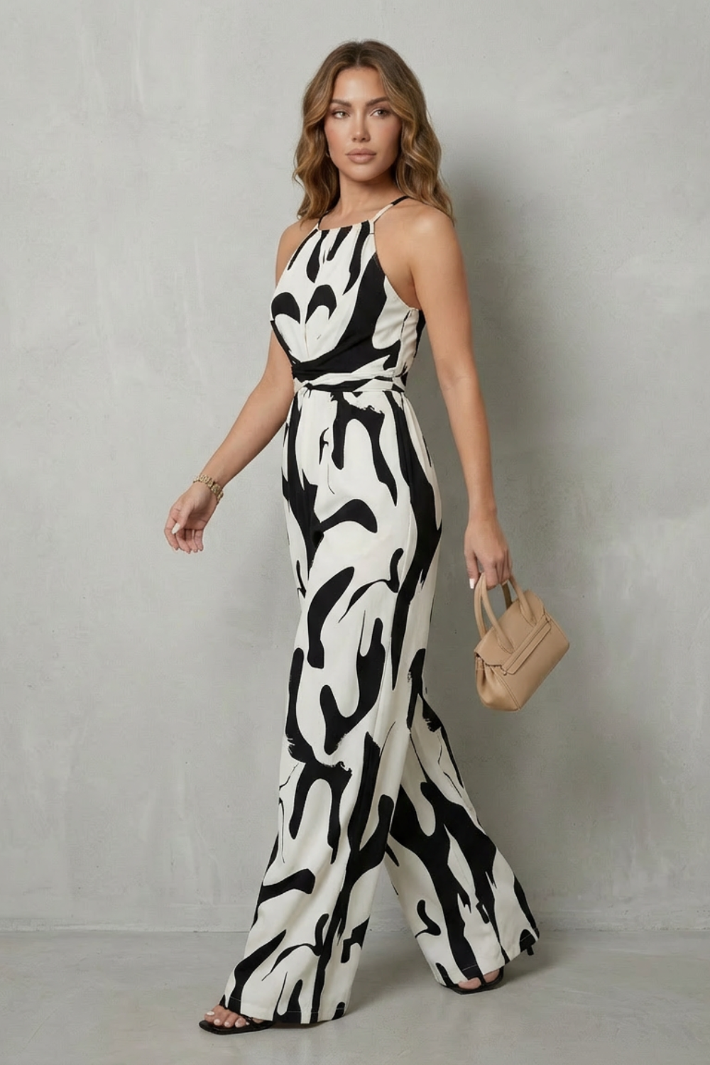 Phoebe | Wide-Leg Jumpsuit White Black Abstract Print Halter for Women