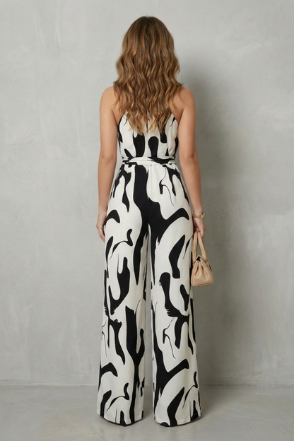 Phoebe | Wide-Leg Jumpsuit White Black Abstract Print Halter for Women