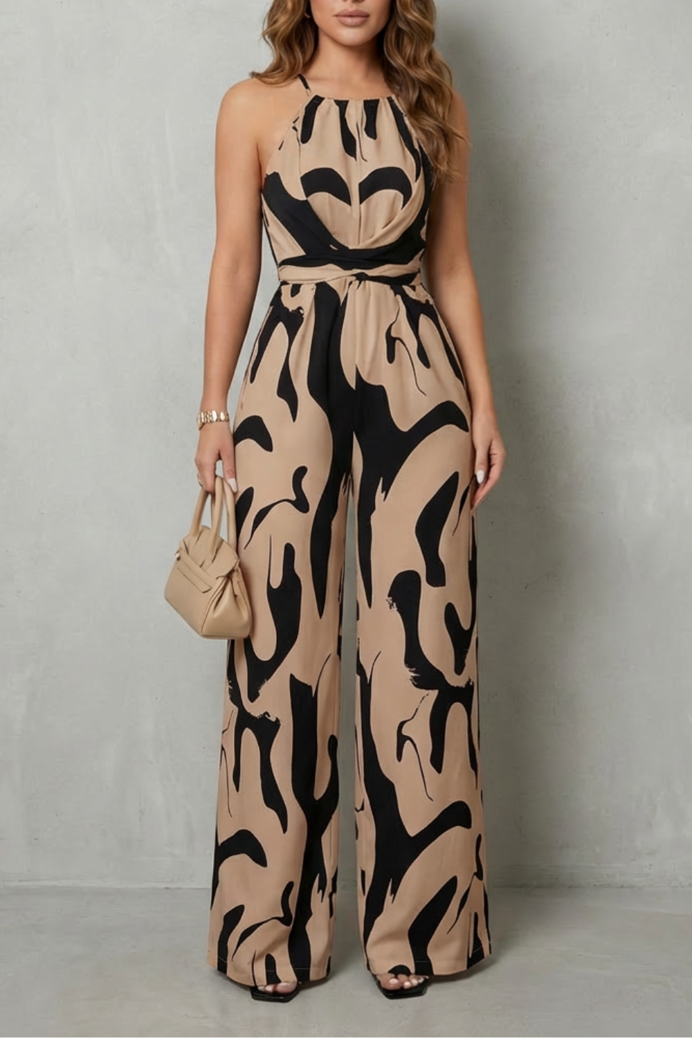 Phoebe | Wide-Leg Jumpsuit White Black Abstract Print Halter for Women