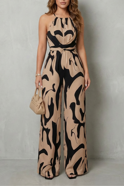 Phoebe | Wide-Leg Jumpsuit White Black Abstract Print Halter for Women
