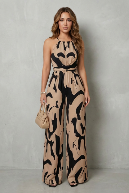 Phoebe | Wide-Leg Jumpsuit White Black Abstract Print Halter for Women