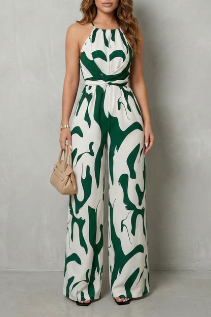 Phoebe | Wide-Leg Jumpsuit White Black Abstract Print Halter for Women