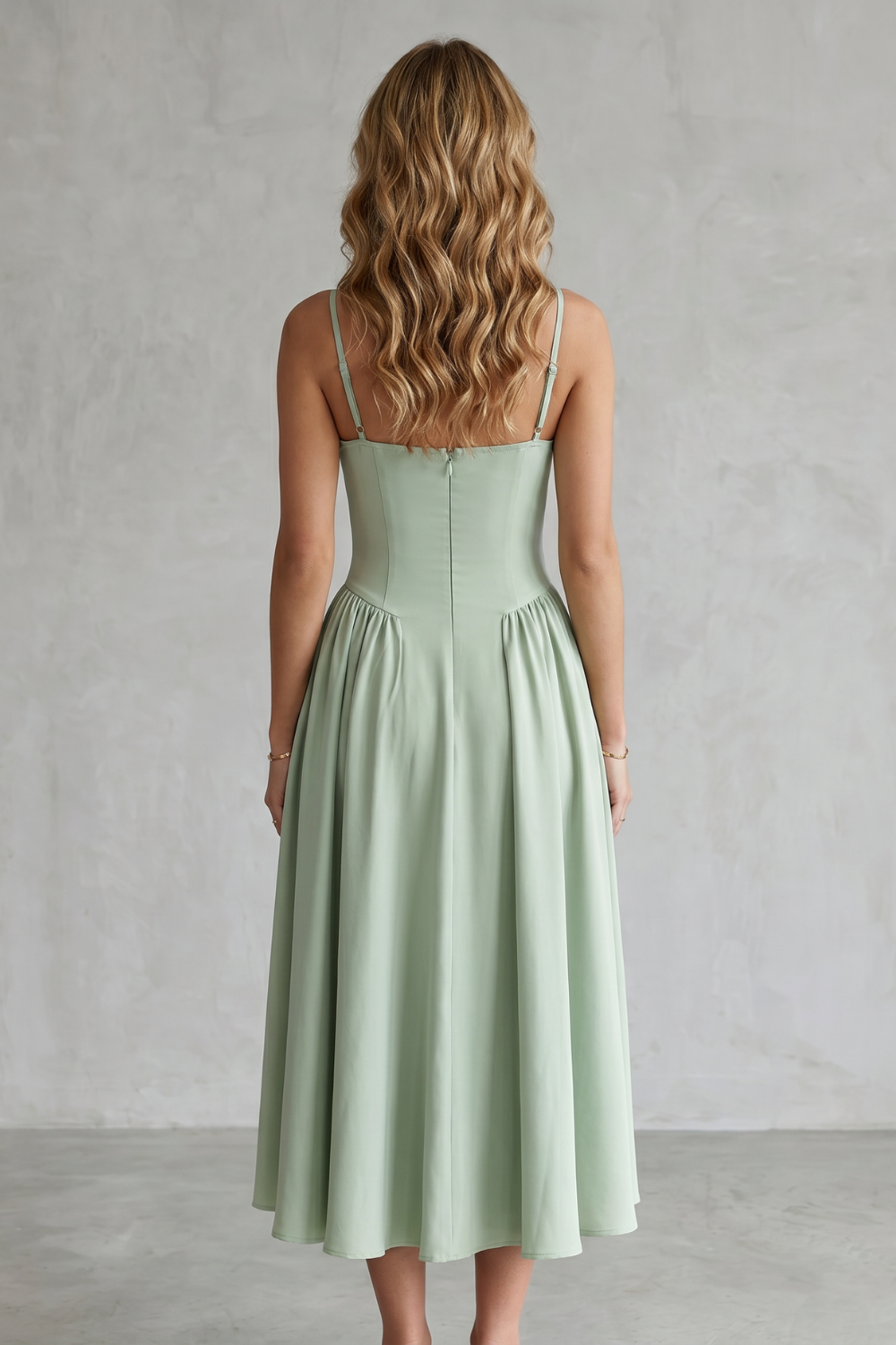 Demelza | Midi Dress Sage Green Structured Corset Pleated for Women
