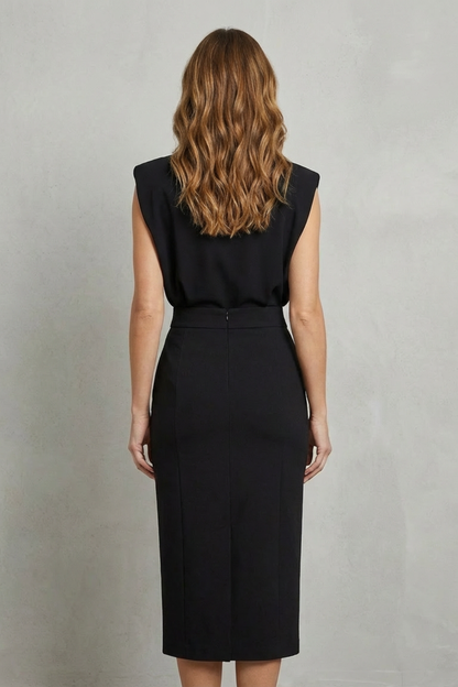 Phoebe | Midi Dress Black Polyester Sleeveless Gold Button Detail for Women