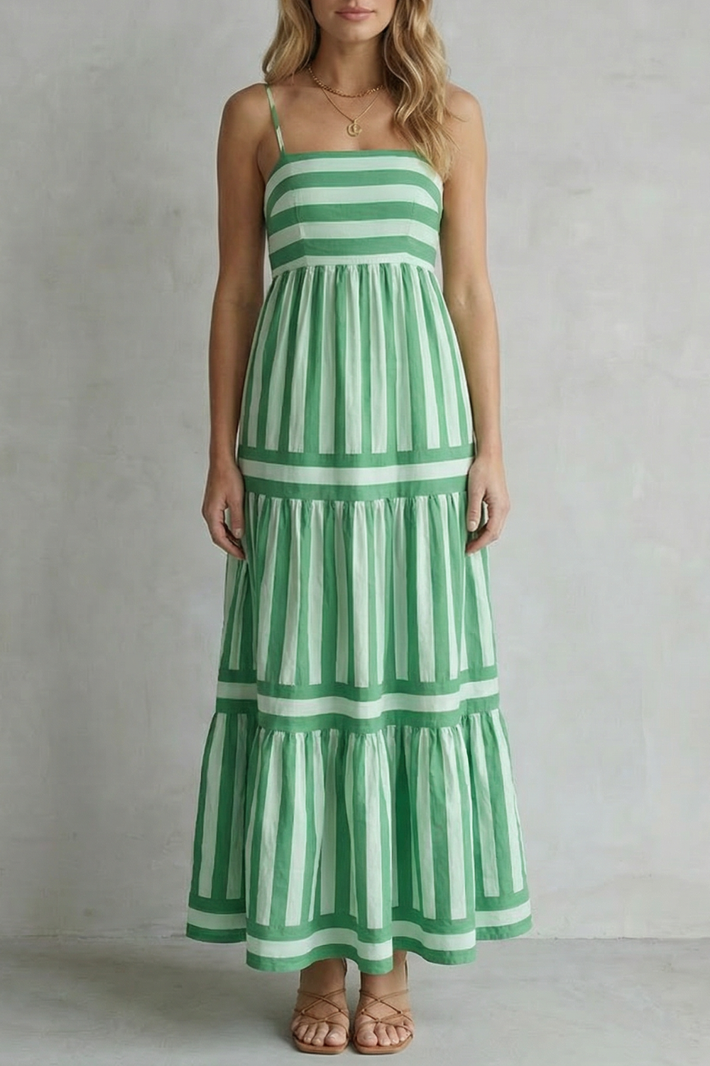 Phoebe | Maxi Dress Green White Stripe Cotton Tiered Spaghetti Strap for Women