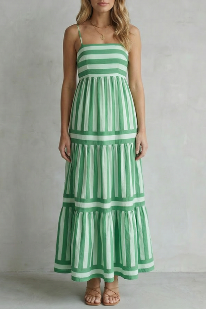 Phoebe | Maxi Dress Green White Stripe Cotton Tiered Spaghetti Strap for Women