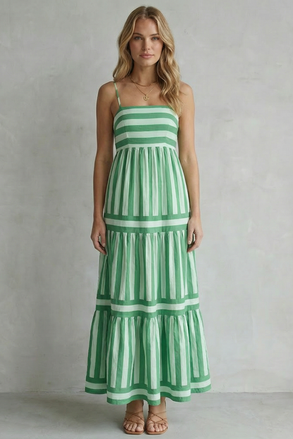 Phoebe | Maxi Dress Green White Stripe Cotton Tiered Spaghetti Strap for Women