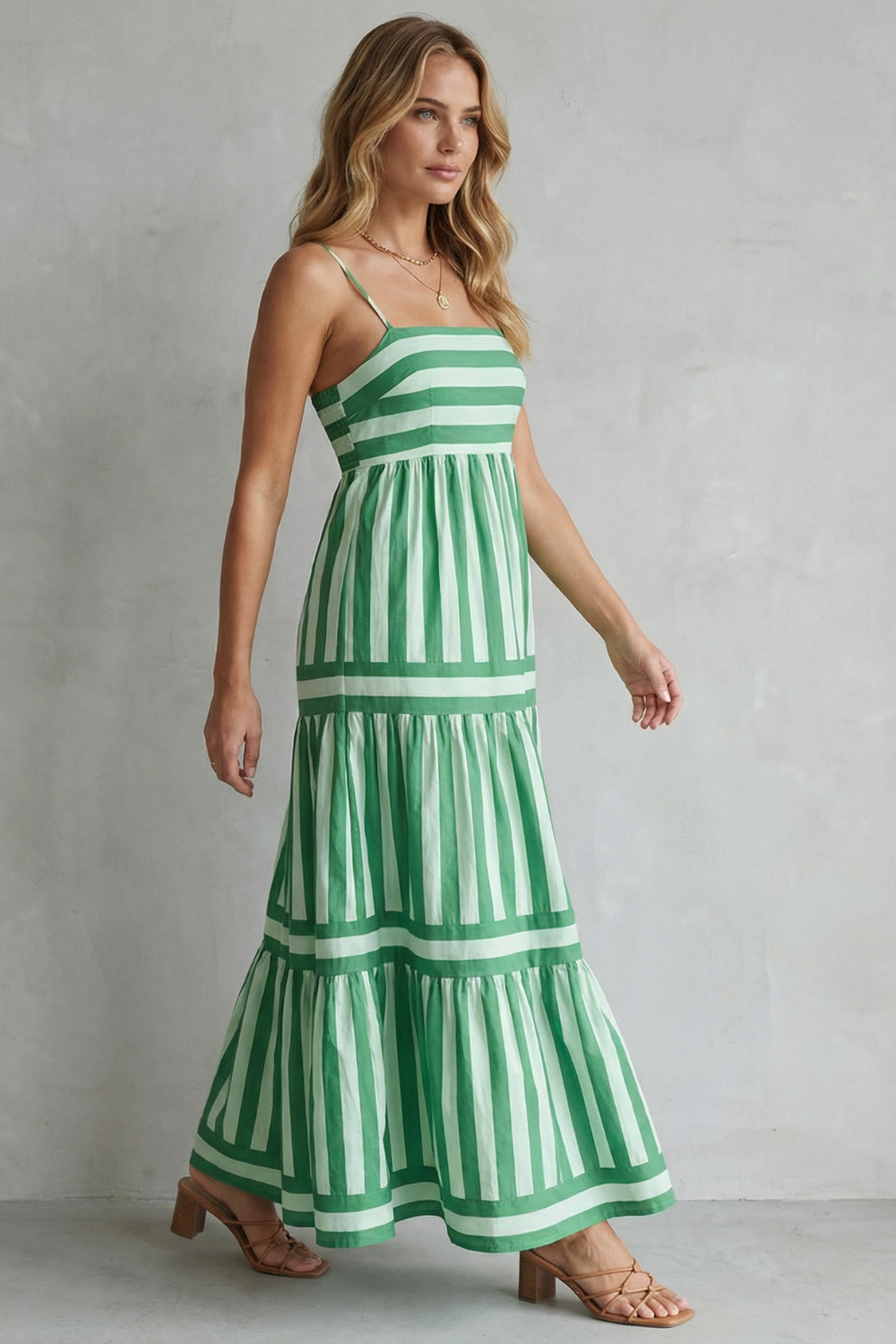 Phoebe | Maxi Dress Green White Stripe Cotton Tiered Spaghetti Strap for Women