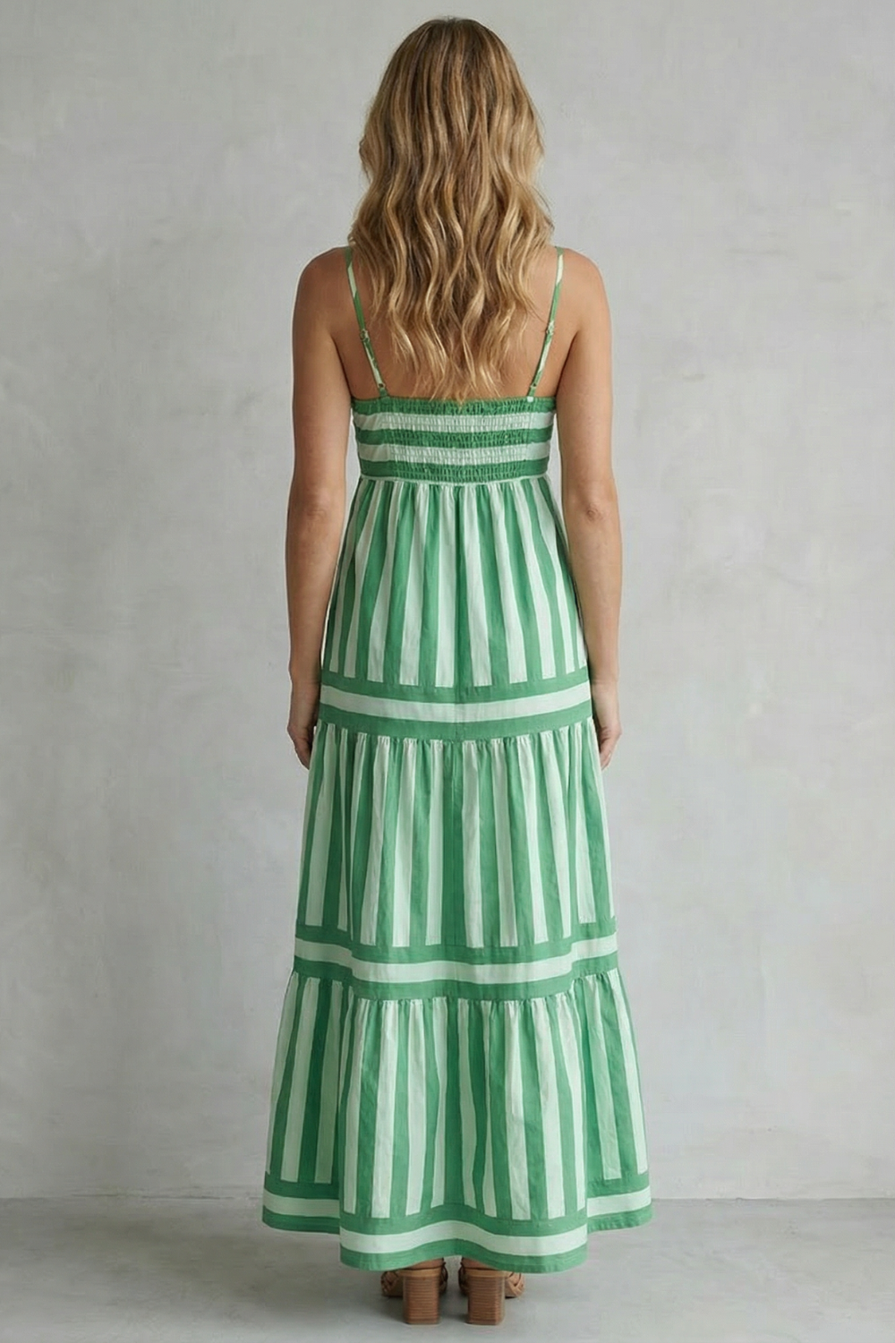 Phoebe | Maxi Dress Green White Stripe Cotton Tiered Spaghetti Strap for Women
