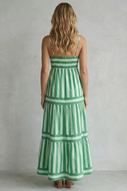 Phoebe | Maxi Dress Green White Stripe Cotton Tiered Spaghetti Strap for Women