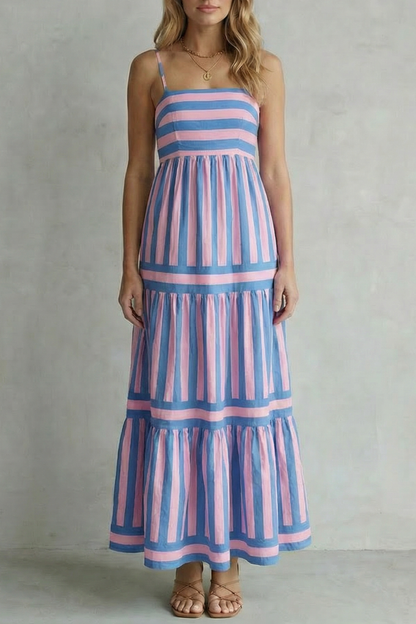Phoebe | Maxi Dress Green White Stripe Cotton Tiered Spaghetti Strap for Women