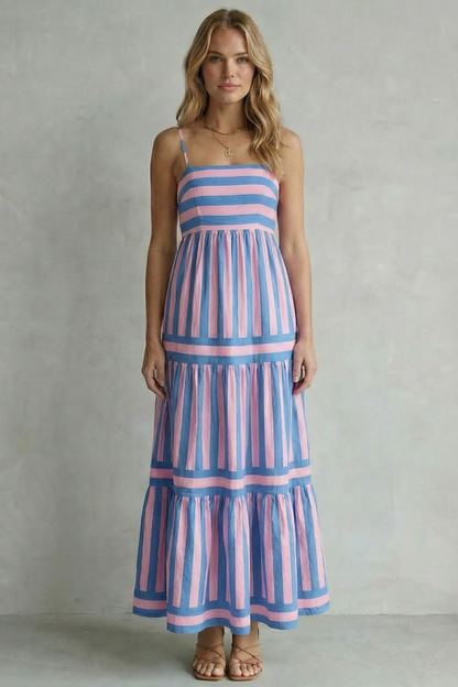 Phoebe | Maxi Dress Green White Stripe Cotton Tiered Spaghetti Strap for Women