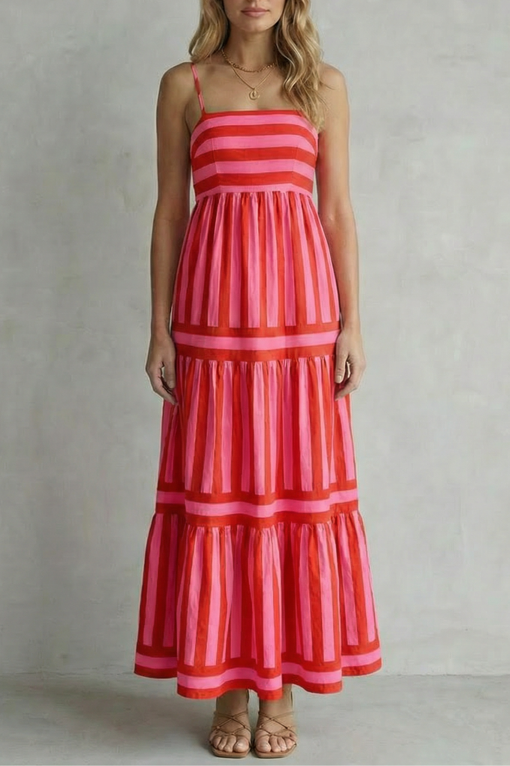 Phoebe | Maxi Dress Green White Stripe Cotton Tiered Spaghetti Strap for Women