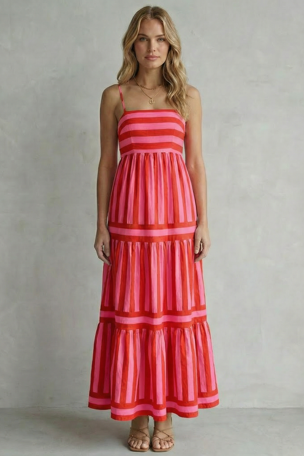 Phoebe | Maxi Dress Green White Stripe Cotton Tiered Spaghetti Strap for Women