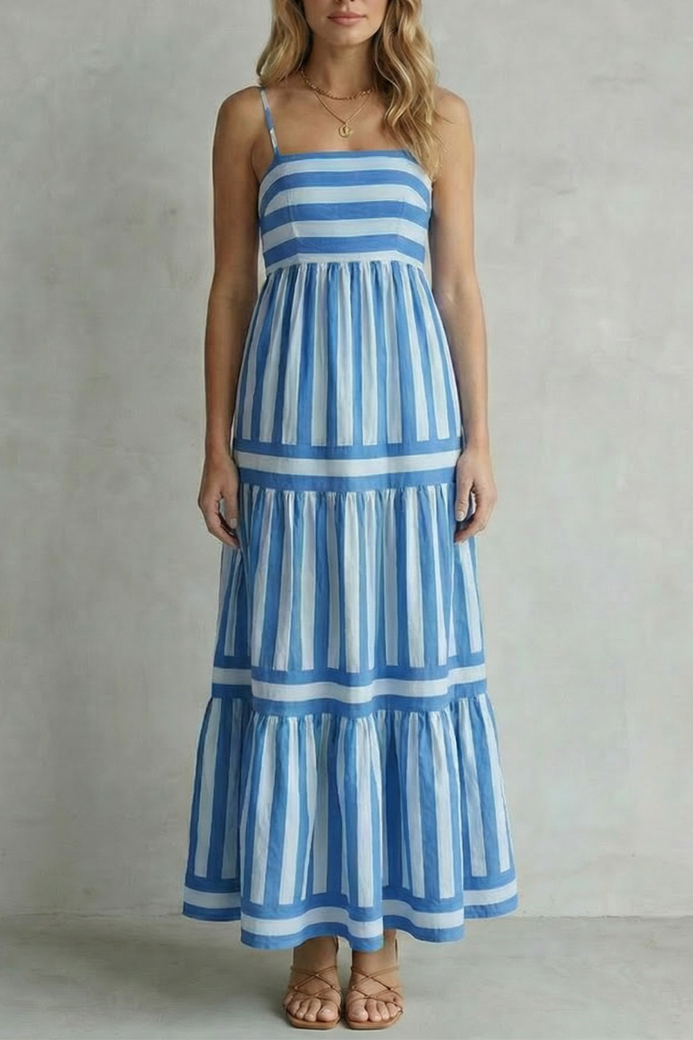 Phoebe | Maxi Dress Green White Stripe Cotton Tiered Spaghetti Strap for Women