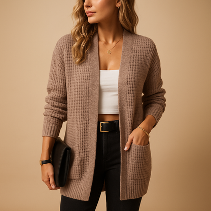 Phoebe | Cardigan Grey Acrylic Textured Knit Open Front for Women