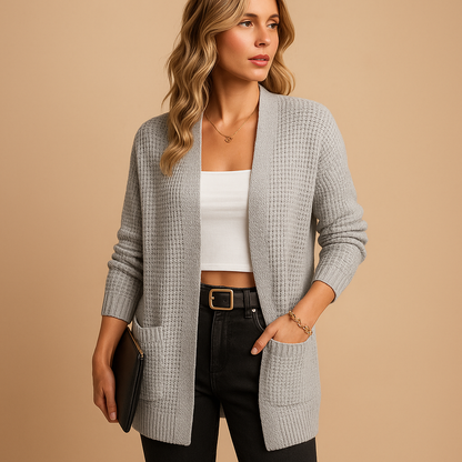 Phoebe | Cardigan Grey Acrylic Textured Knit Open Front for Women