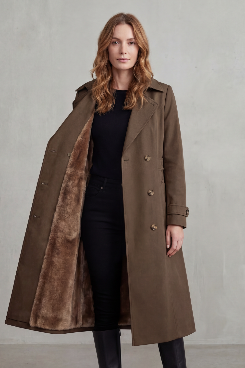 Phoebe | Trench Coat Camel Faux Fur-Lined Double-Breasted for Women