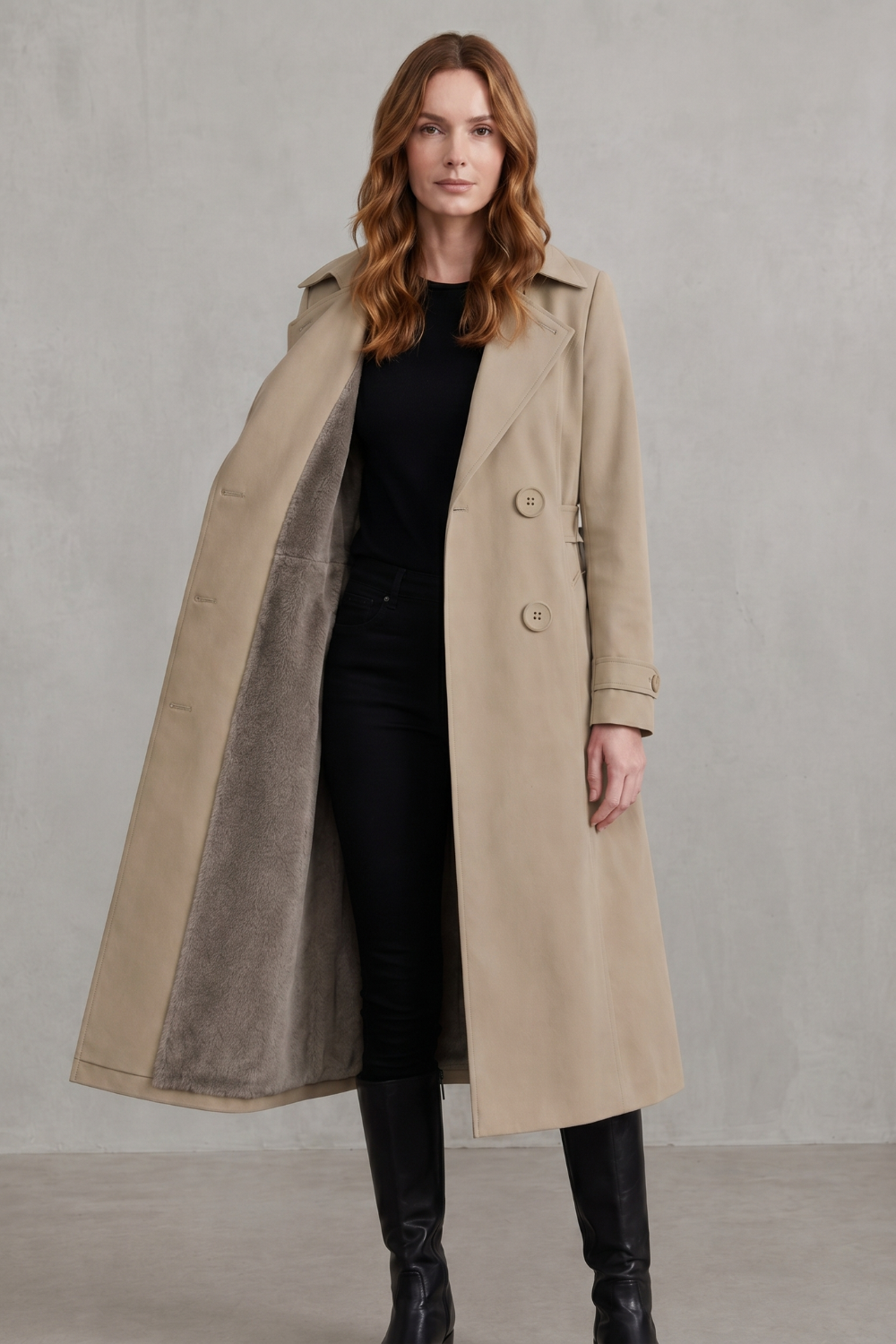 Phoebe | Trench Coat Camel Faux Fur-Lined Double-Breasted for Women