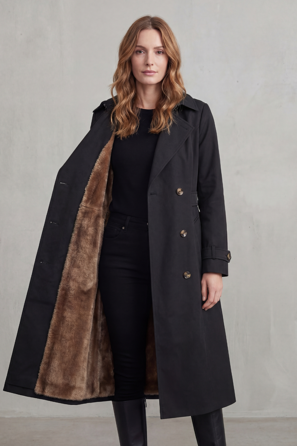 Phoebe | Trench Coat Camel Faux Fur-Lined Double-Breasted for Women