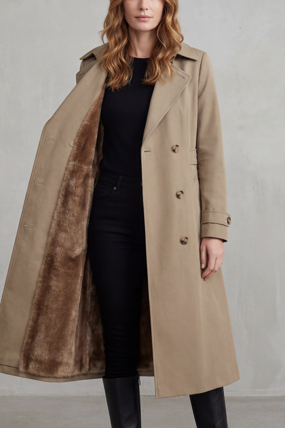 Phoebe | Trench Coat Camel Faux Fur-Lined Double-Breasted for Women