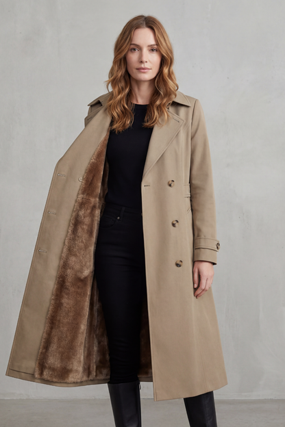 Phoebe | Trench Coat Camel Faux Fur-Lined Double-Breasted for Women
