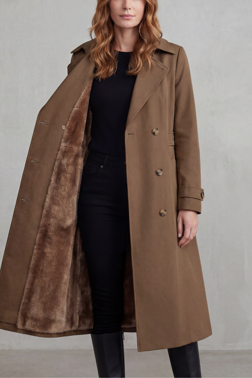 Phoebe | Trench Coat Camel Faux Fur-Lined Double-Breasted for Women