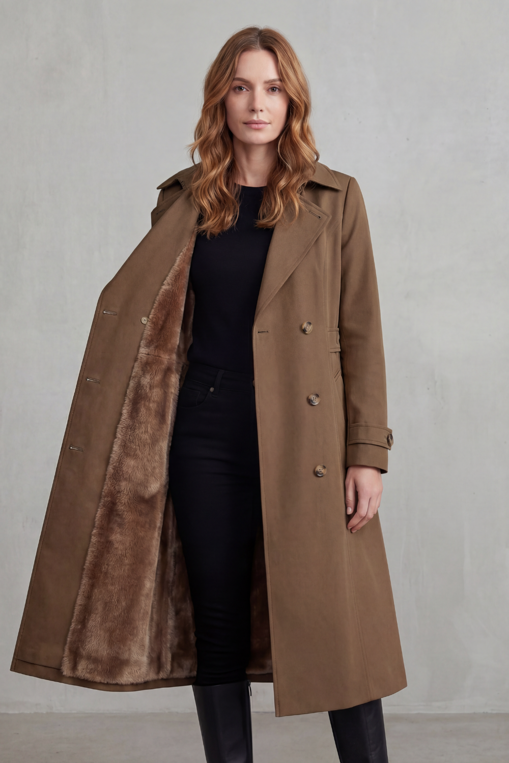 Phoebe | Trench Coat Camel Faux Fur-Lined Double-Breasted for Women