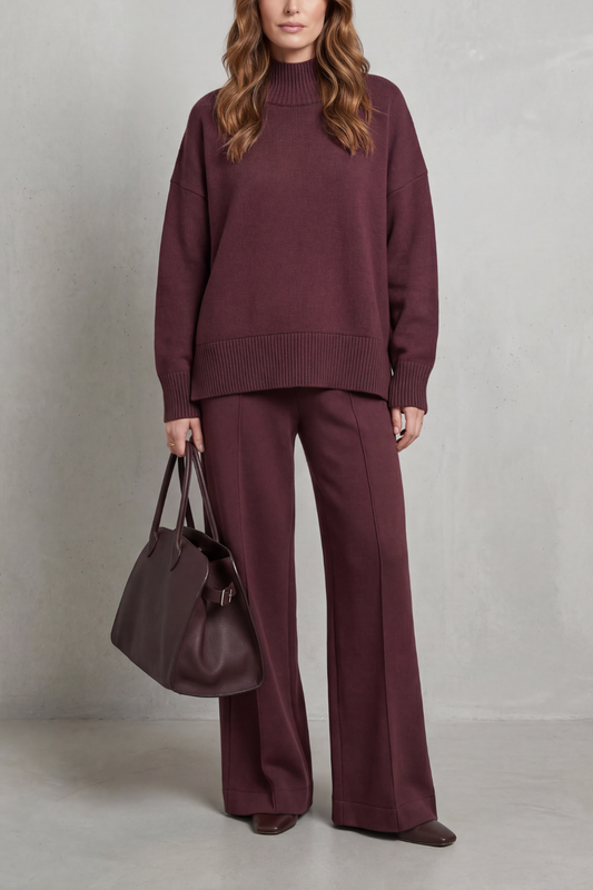 Leonora | Knit Co-Ord Set Burgundy Wide-Leg Mock Neck Long Sleeve for Women