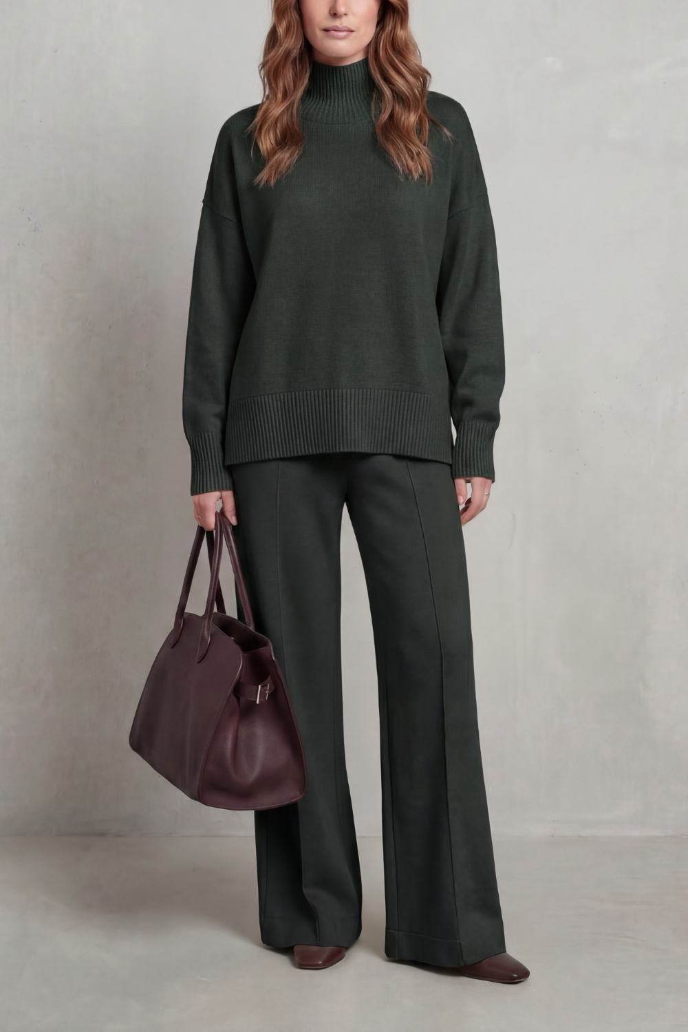 Leonora | Knit Co-Ord Set Burgundy Wide-Leg Mock Neck Long Sleeve for Women