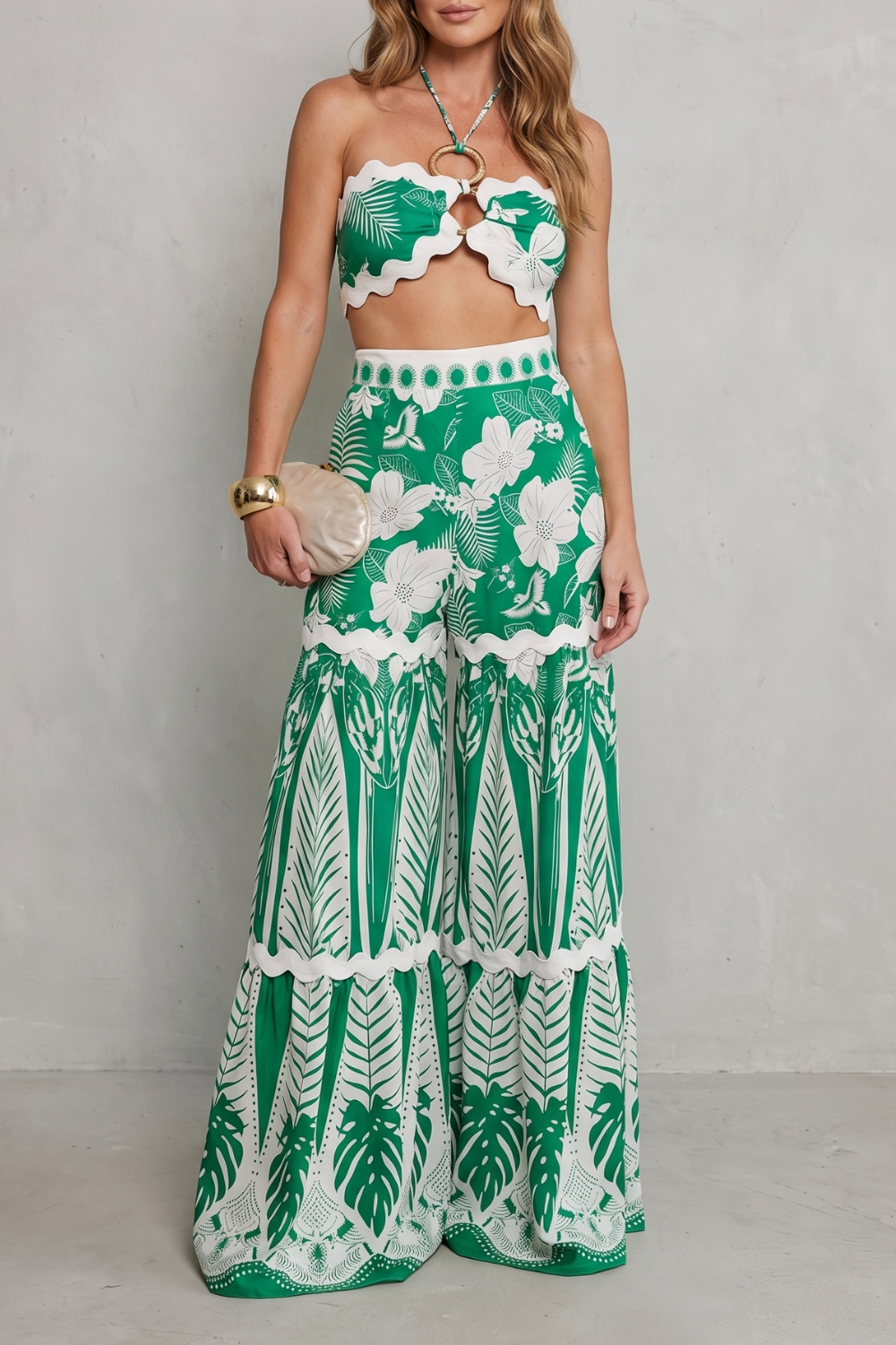 Imara | Two-Piece Set Green White Tropical Print Wide-Leg Halter Crop Top for Women