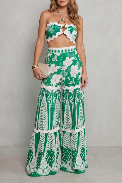 Imara | Two-Piece Set Green White Tropical Print Wide-Leg Halter Crop Top for Women