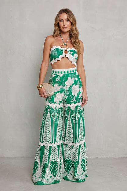 Imara | Two-Piece Set Green White Tropical Print Wide-Leg Halter Crop Top for Women