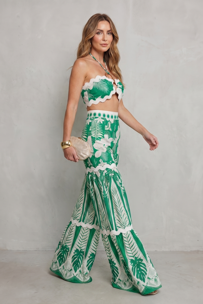 Imara | Two-Piece Set Green White Tropical Print Wide-Leg Halter Crop Top for Women