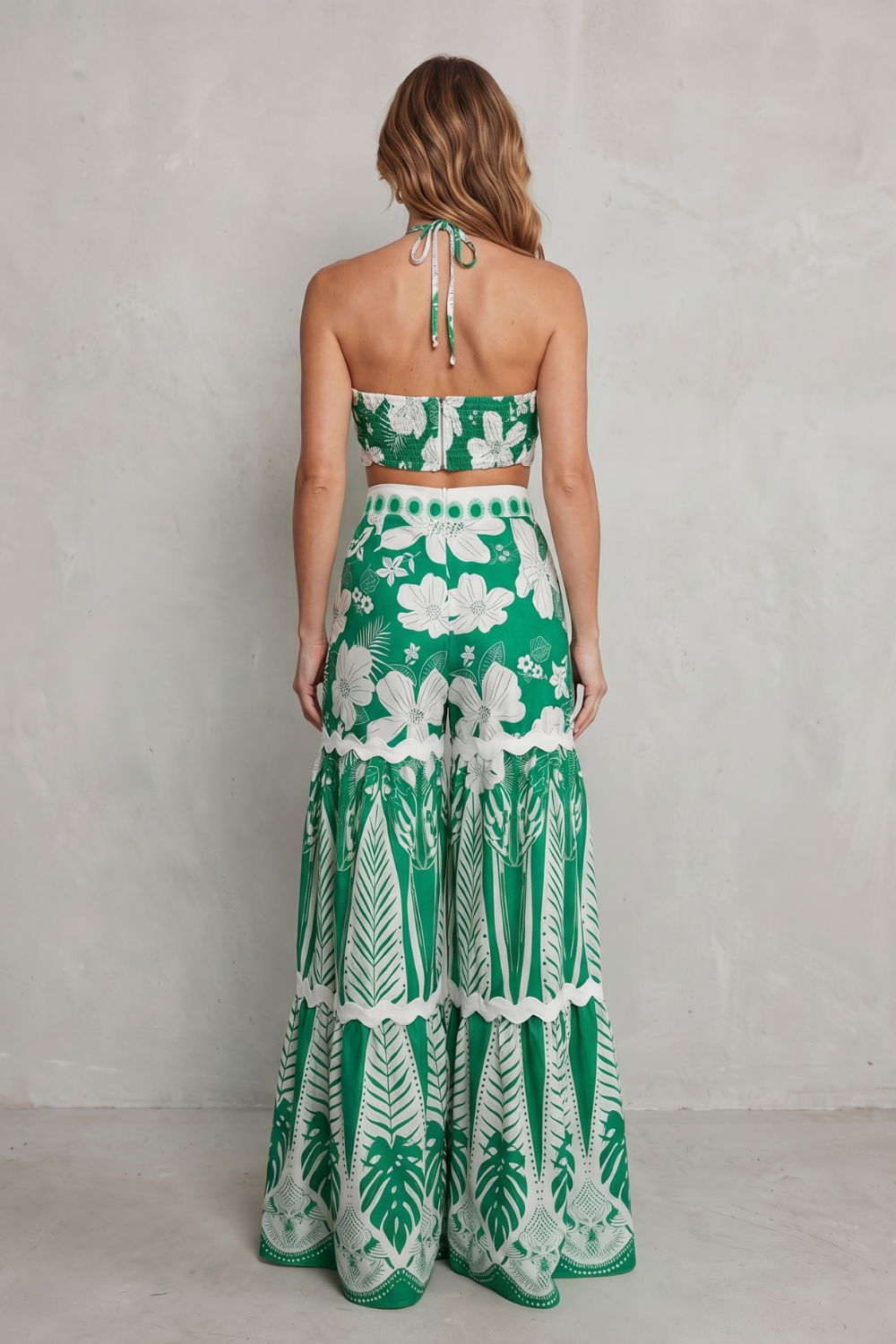 Imara | Two-Piece Set Green White Tropical Print Wide-Leg Halter Crop Top for Women