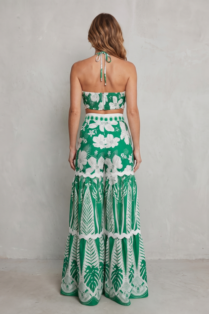 Imara | Two-Piece Set Green White Tropical Print Wide-Leg Halter Crop Top for Women