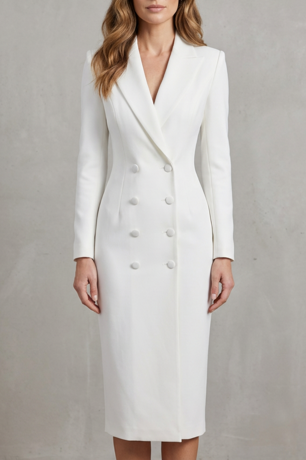 Rosalind | Midi Blazer Dress White Stretch Woven Double-Breasted for Women