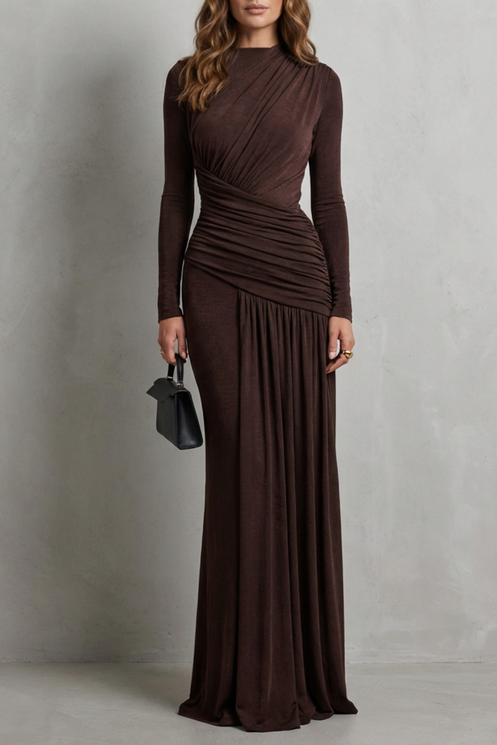 Verity | Maxi Dress Dark Brown Jersey Ruched Long Sleeve for Women